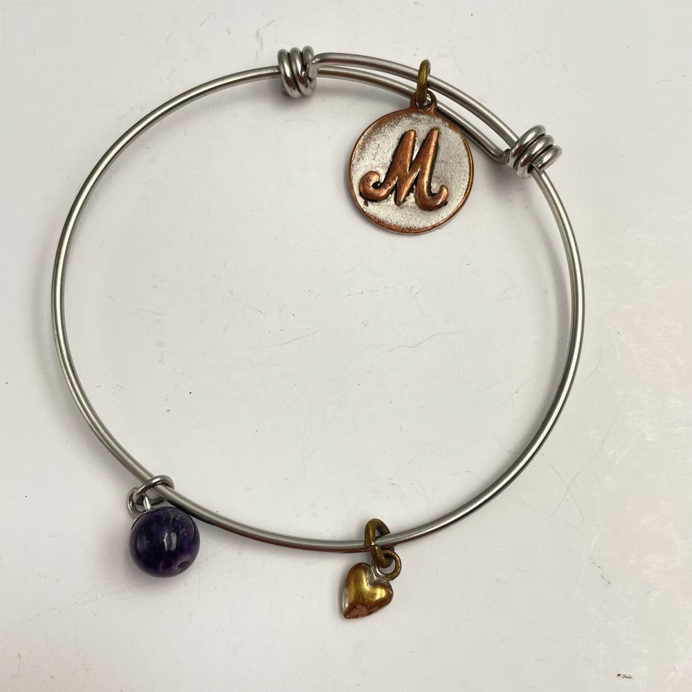 Vintage 90s Silver Tone Expandable Initial M Purple Bead Heart Charm Bracelet
